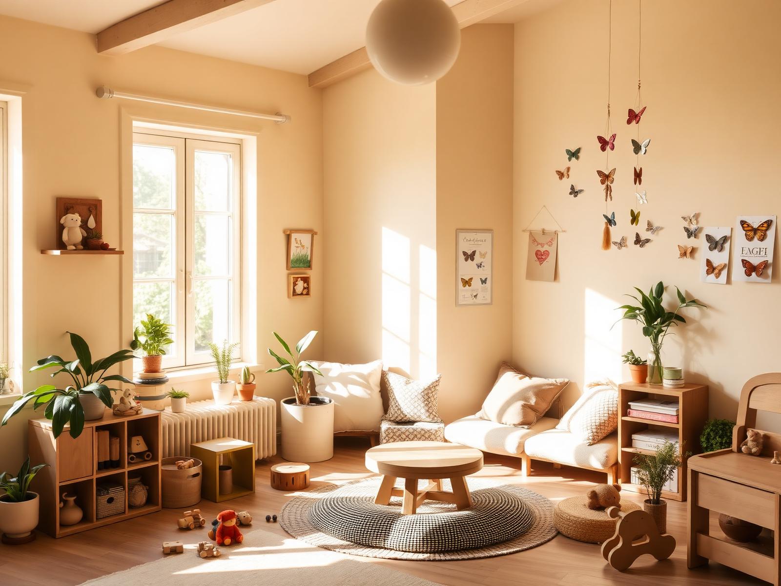 Bright, home-like daycare playroom with natural light, wooden toys, and butterfly mobiles