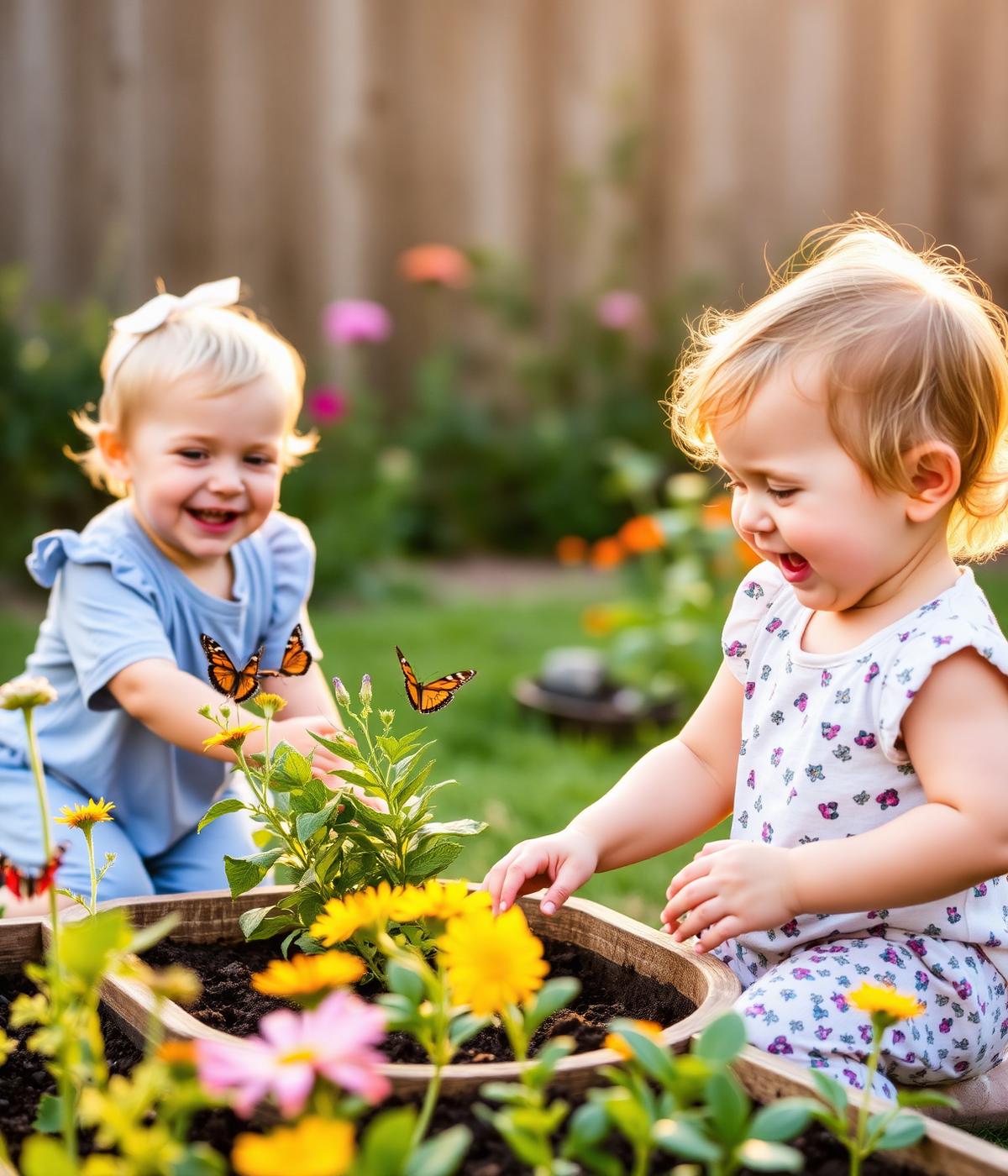 Toddlers laughing while gardening with butterflies in golden afternoon light